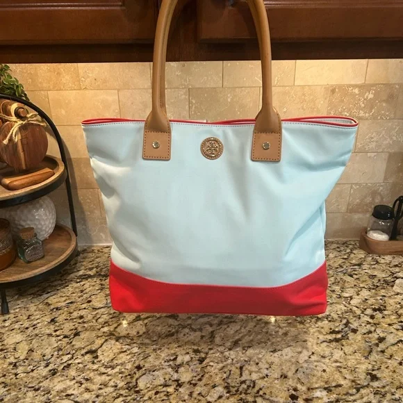 Tory Burch Two-Tone Nylon Tote - Light White & Red - Picture 1 of 11